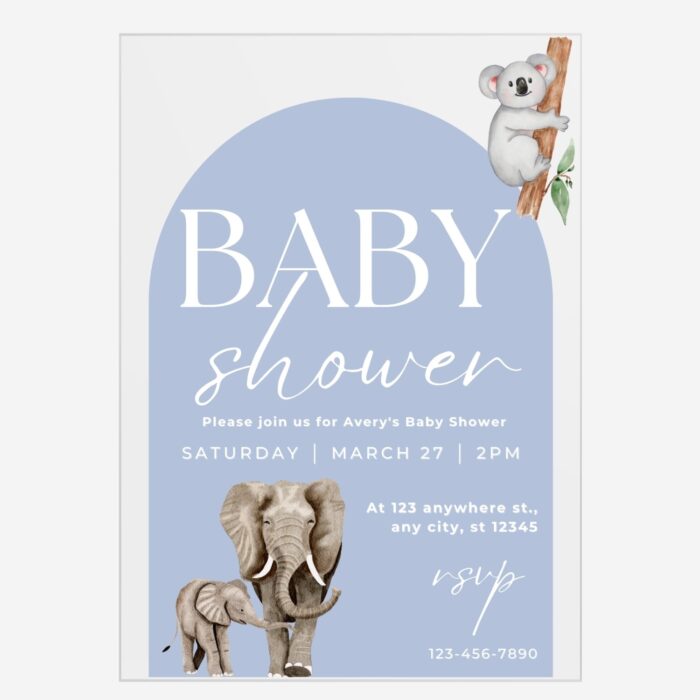 Acrylic Blue Safari Animals Elephant Boys baby shower Invite DSBW002-2