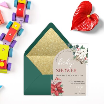 Beige Red Green Christmas Floral Poinsettia Winter Acrylic Baby Shower Card DSBW007
