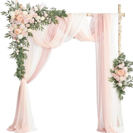 Blush Cream Wedding Arch Flowers with Drapes Kit (Pack of 5) - 2pcs Artificial Floral Swag with 3pcs 33ft Length Draping Fabric