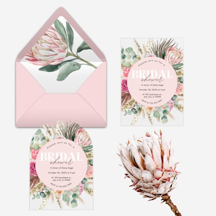 Bohemian pink Protea circle acrylic bridal shower invitation DSBS001