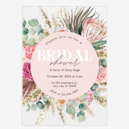 Bohemian pink and greenery Protea circle acrylic bridal shower invitation DSBS001-3