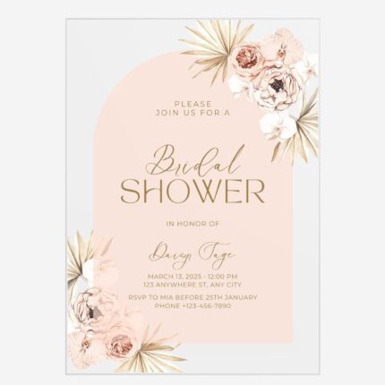 Boho peach roses orchid arch clear bridal shower invitation DSBS002-3