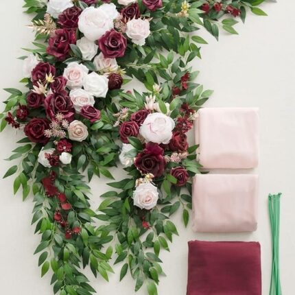 Burgundy Blush Wedding Arch Flowers with Drapes Kit (Pack of 5) - 2pcs Artificial Flower Arrangement with 3pcs Drapes for Ceremony Arch Arbor and Reception Backdrop Decoration3