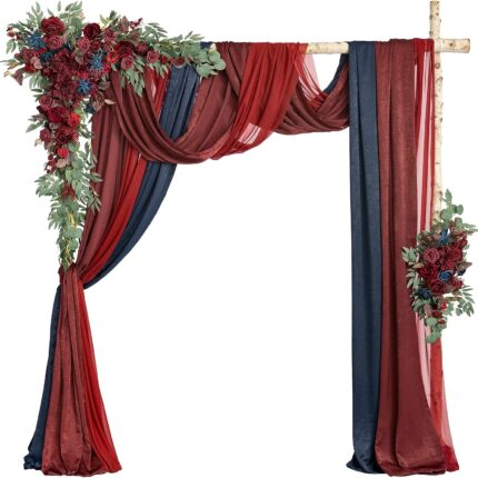 Burgundy Navy Blue Arch Flowers with Drapes Kit (Pack of 5) - 2pcs Artificial Floral Swag with 3pcs 33ft Length Draping Fabric for Wedding