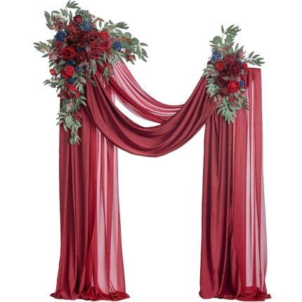 Burgundy & Navy Blue Wedding Arch Flowers with Drapes Kit (Pack of 4) - 2pcs Artificial Flower Arrangement with 2pcs Drapes