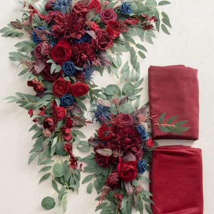 Burgundy & Navy Blue Wedding Arch Flowers with Drapes Kit (Pack of 4) - 2pcs Artificial Flower Arrangement with 2pcs Drapes3