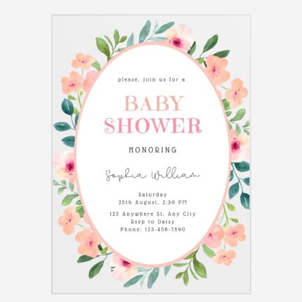 Coral pink cute floral clear baby shower invitation DSBW004-2