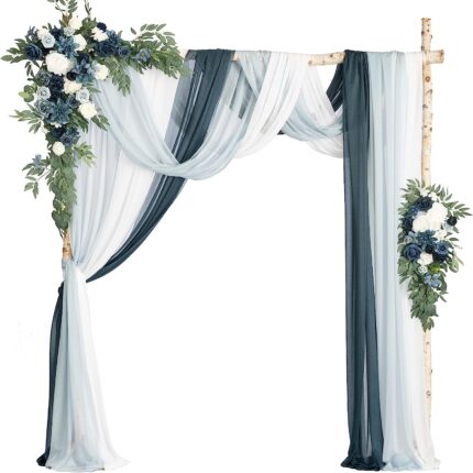 Dusty Blue & Navy Arch Flowers with Drapes Kit (Pack of 5) - 2pcs Artificial Floral Swag with 3pcs 33ft Length Draping Fabric