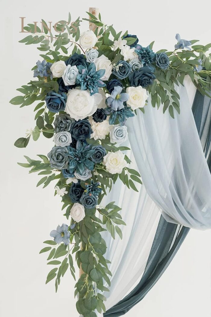 Dusty Blue & Navy Arch Flowers with Drapes Kit (Pack of 5) - 2pcs Artificial Floral Swag with 3pcs 33ft Length Draping Fabric2