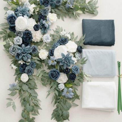 Dusty Blue & Navy Arch Flowers with Drapes Kit (Pack of 5) - 2pcs Artificial Floral Swag with 3pcs 33ft Length Draping Fabric3