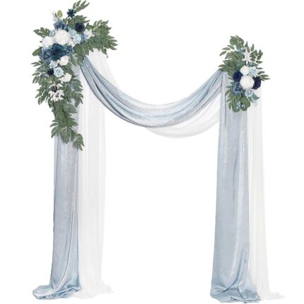 Dusty Blue & Navy Blue Wedding Arch Flowers with Drapes Kit (Pack of 4) - 2pcs Artificial Flower Arrangement with 2pcs Drapes