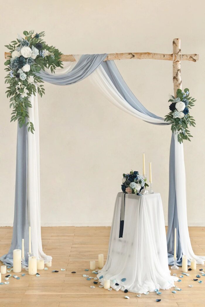 Dusty Blue & Navy Blue Wedding Arch Flowers with Drapes Kit (Pack of 4) - 2pcs Artificial Flower Arrangement with 2pcs Drapes2