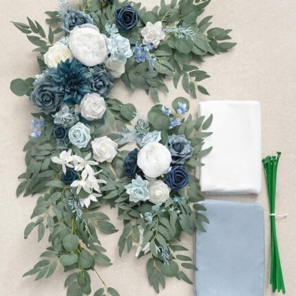 Dusty Blue & Navy Blue Wedding Arch Flowers with Drapes Kit (Pack of 4) - 2pcs Artificial Flower Arrangement with 2pcs Drapes3