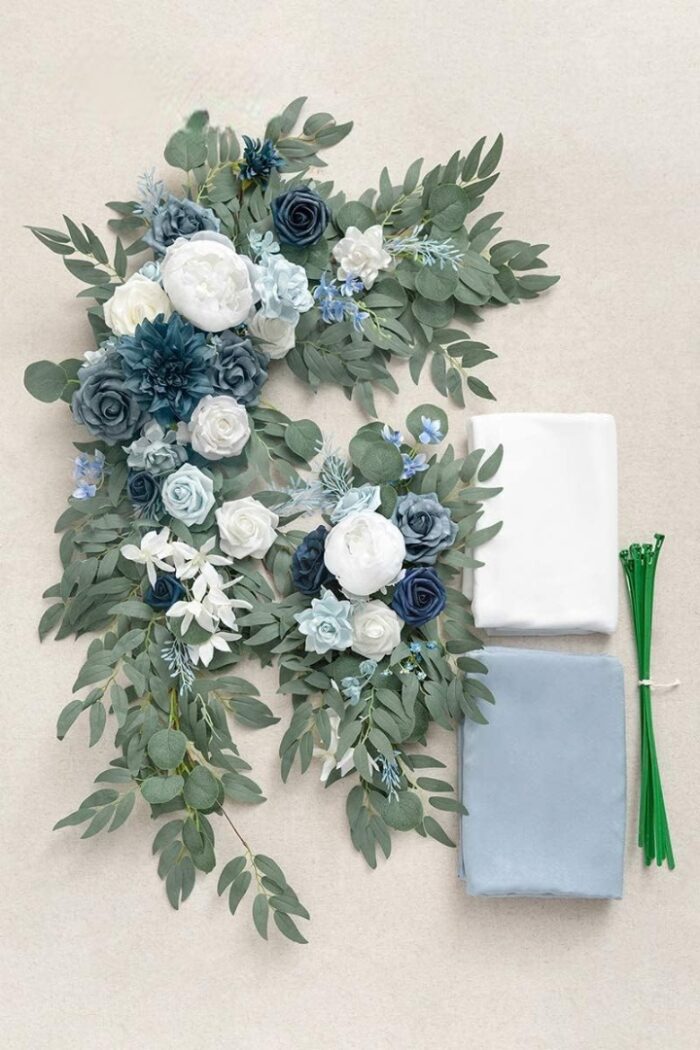 Dusty Blue & Navy Blue Wedding Arch Flowers with Drapes Kit (Pack of 4) - 2pcs Artificial Flower Arrangement with 2pcs Drapes3