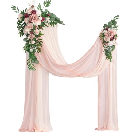 Dusty Rose & Burgundy Wedding Arch Flowers with Drapes Kit (Pack of 4) - 2pcs Artificial Flower Arrangement with 2pcs Drapes