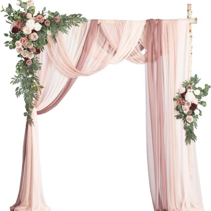 Dusty Rose Burgundy Wedding Arch Flowers with Drapes Kit (Pack of 5) - 2pcs Artificial Flower Arrangement with 3pcs Drapes for Ceremony Arbor and Reception