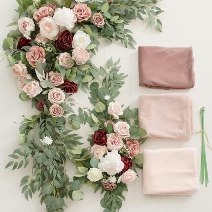 Dusty Rose Burgundy Wedding Arch Flowers with Drapes Kit (Pack of 5) - 2pcs Artificial Flower Arrangement with 3pcs Drapes for Ceremony Arbor and Reception3