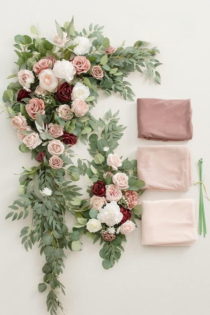 Dusty Rose Burgundy Wedding Arch Flowers with Drapes Kit (Pack of 5) - 2pcs Artificial Flower Arrangement with 3pcs Drapes for Ceremony Arbor and Reception3