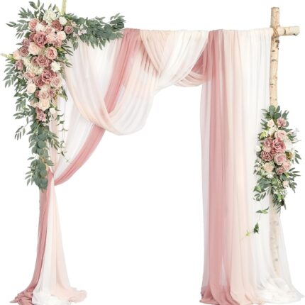 Dusty Rose Cream Arch Flowers with Drapes Kit (Pack of 5) - 2pcs Artificial Floral Swag with 3pcs 33ft Length Draping Fabric for Wedding