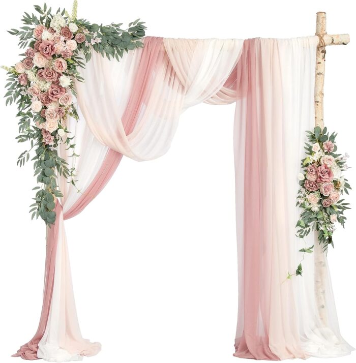 Dusty Rose Cream Arch Flowers with Drapes Kit (Pack of 5) - 2pcs Artificial Floral Swag with 3pcs 33ft Length Draping Fabric for Wedding