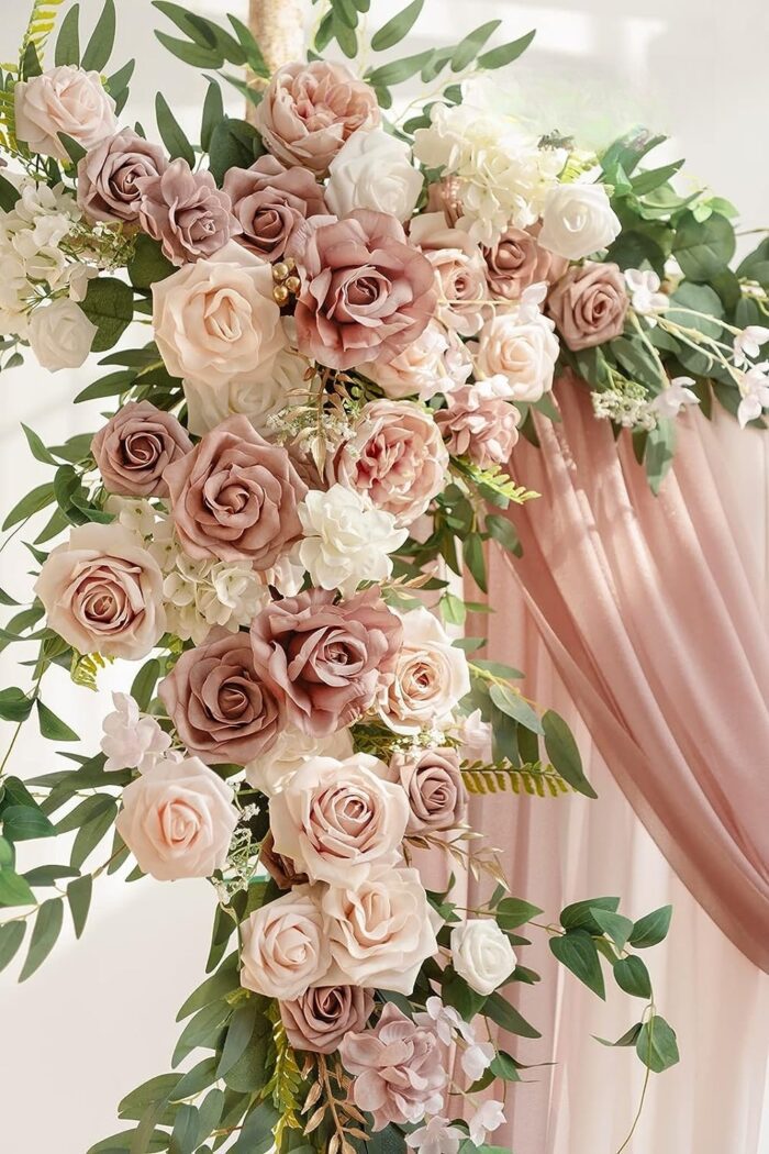 Dusty Rose Cream Arch Flowers with Drapes Kit (Pack of 5) - 2pcs Artificial Floral Swag with 3pcs 33ft Length Draping Fabric for Wedding2