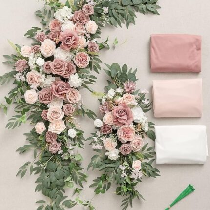 Dusty Rose Cream Arch Flowers with Drapes Kit (Pack of 5) - 2pcs Artificial Floral Swag with 3pcs 33ft Length Draping Fabric for Wedding3