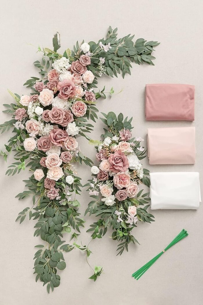 Dusty Rose Cream Arch Flowers with Drapes Kit (Pack of 5) - 2pcs Artificial Floral Swag with 3pcs 33ft Length Draping Fabric for Wedding3