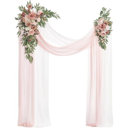 Dusty Rose & Cream Wedding Arch Flowers with Drapes Kit (Pack of 4) - 2pcs Artificial Flower Arrangement with 2pcs Drapes