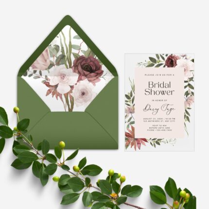 Dusty rose and blush floral acrylic bridal shower invitation DSBS005