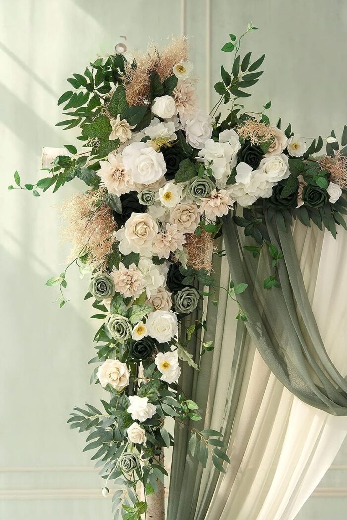 Emerald White Beige Arch Flowers with Drapes Kit (Pack of 5) - 2pcs Artificial Floral Swag with 3pcs 33ft Length Draping Fabric for Wedding Ceremony Backdrop Decor3