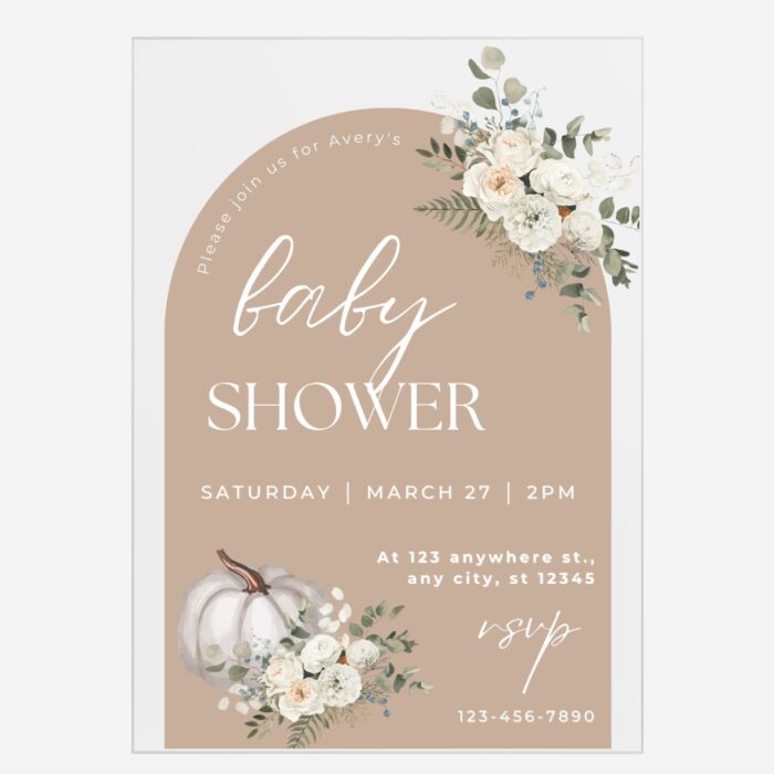 Floral Greenery Pumpkin Fall Autumn Clear Baby Shower Invitation DSBW010-2