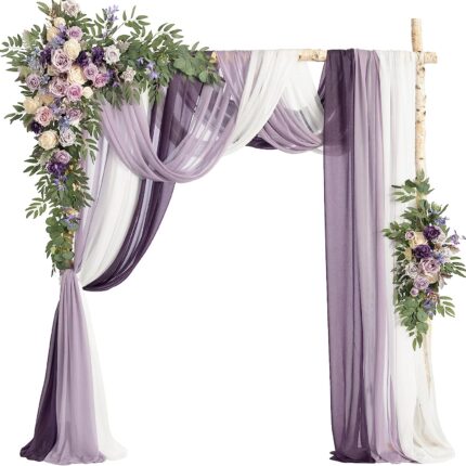 Lilac Cream Arch Flowers with Drapes Kit (Pack of 5) - 2pcs Artificial Floral Swag with 3pcs 33ft Length Draping Fabric for Wedding Ceremony Backdrop Decor