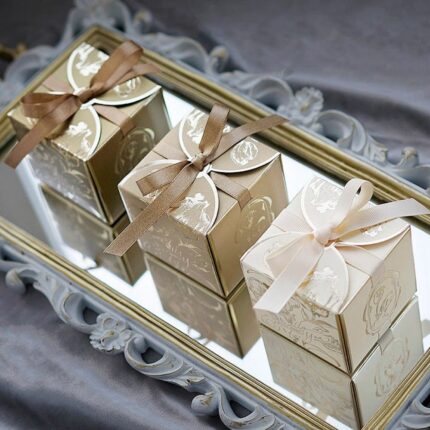 Luxury Champagne Gold Foil Candy Favor Box with Ribbon DSFAVXC03