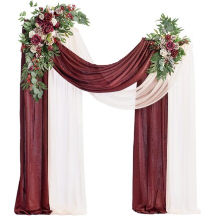 Marsala & Dusty Rose Arch Wedding Flowers with Drapes Kit (Pack of 4) - 2pcs Artificial Flower Arrangement with 2pcs Drapes