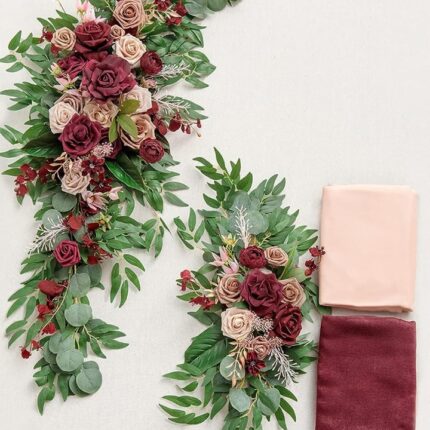 Marsala & Dusty Rose Wedding Arch Flowers with Drapes Kit (Pack of 4) - 2pcs Artificial Flower Arrangement with 2pcs Drapes2