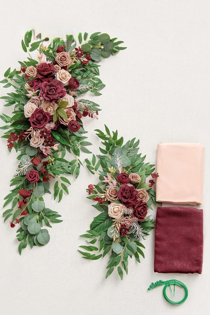 Marsala & Dusty Rose Wedding Arch Flowers with Drapes Kit (Pack of 4) - 2pcs Artificial Flower Arrangement with 2pcs Drapes2