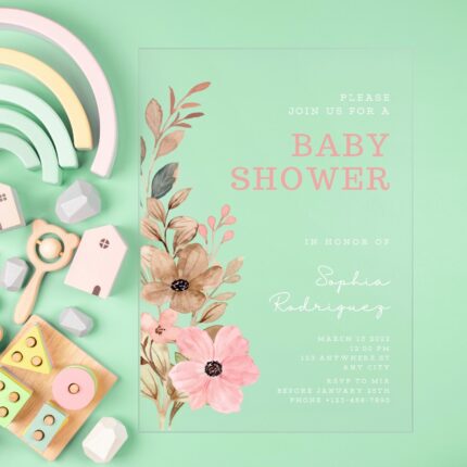 Pink rustic floral clearl baby shower Invitation DSBW014-2