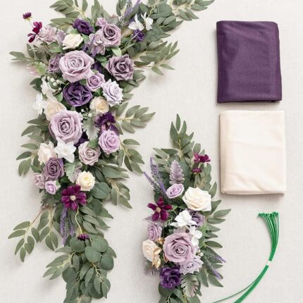 Purple Wedding Arch Flowers with Drapes Kit (Pack of 4) - 2pcs Artificial Flower Arrangement with 2pcs Drapes2