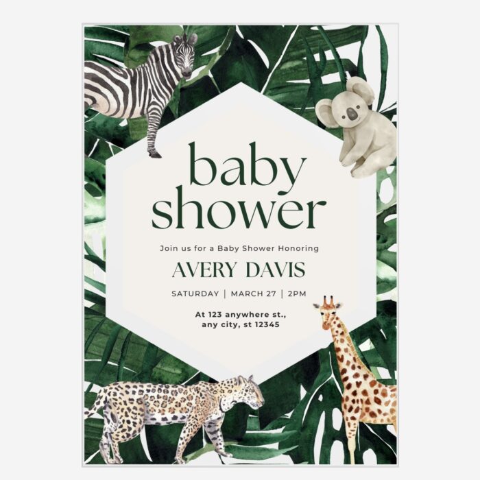 Safari Animals Watercolor Palm Leaves Acrylic Baby Shower Invitation DSBW013-2