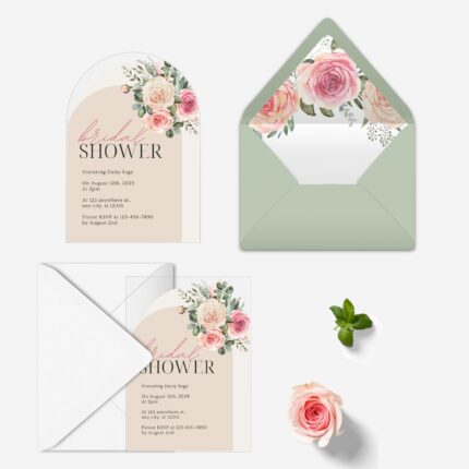 Sage Green and Pink Floral Clear Bridal Shower Invitation DSBS013