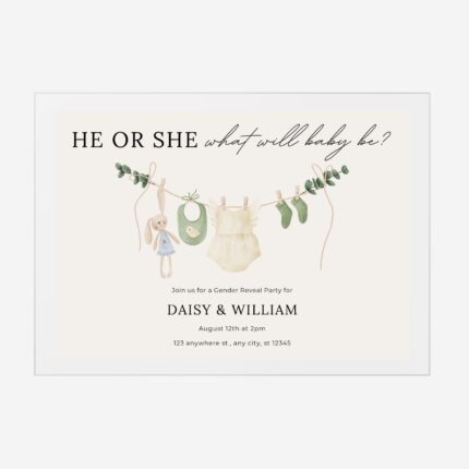 Simple Greeneryc Acrylic Gender Reveal Invitation He or She Baby Clothes Invite DSBGR07-2