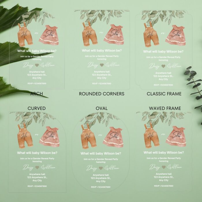 Watercolor Green and Beige Eucalyptus Leaves Acrylic Gender Reveal Invitation DSBGR10-3