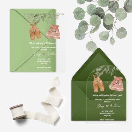 Watercolor Green and Beige Eucalyptus Leaves Acrylic Gender Reveal Invitation DSBGR10
