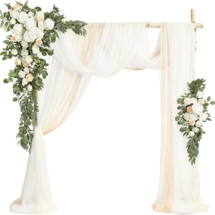 White & Sage Arch Flowers with Drapes Kit (Pack of 5) - 2pcs Artificial Floral Swag with 3pcs 33ft Length Draping Fabric for Wedding Ceremony Backdrop Decor