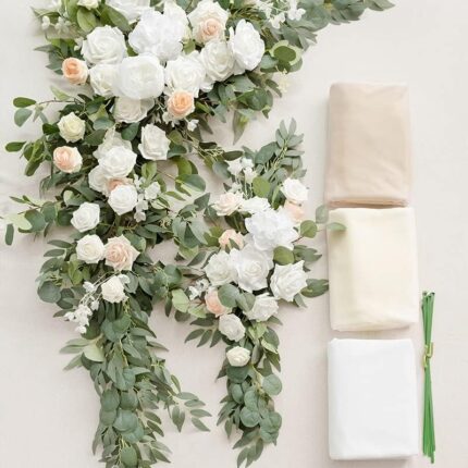 White & Sage Arch Flowers with Drapes Kit (Pack of 5) - 2pcs Artificial Floral Swag with 3pcs 33ft Length Draping Fabric for Wedding Ceremony Backdrop Decor3