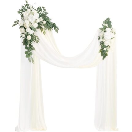 White & Sage Wedding Arch Flowers with Drapes Kit (Pack of 4) - 2pcs Artificial Flower Arrangement with 2pcs Drapes