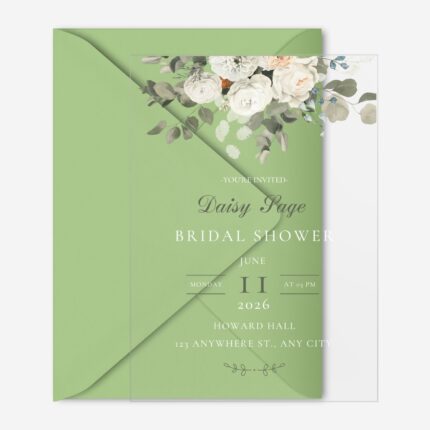 White roses and eucalyptus clear bridal shower invitation DSBS015-3