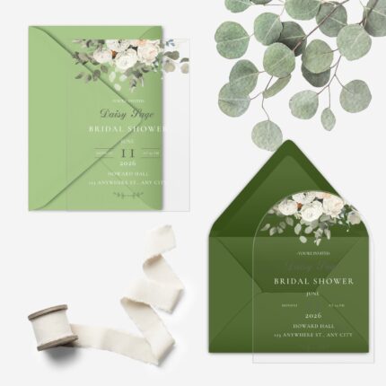 White roses and eucalyptus clear bridal shower invitation DSBS015