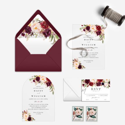 burgundy and peach blush floral acrylic wedding invitation DSIA004