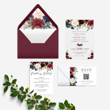 burgundy navy and peach fall arcylic wedding invitation DSIA006